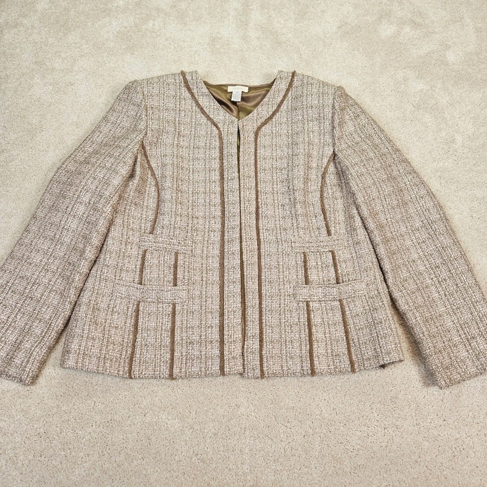 Chico's Womens L Tweed Jacket Neutral Tan Pink Gold Collarless Blazer Structured